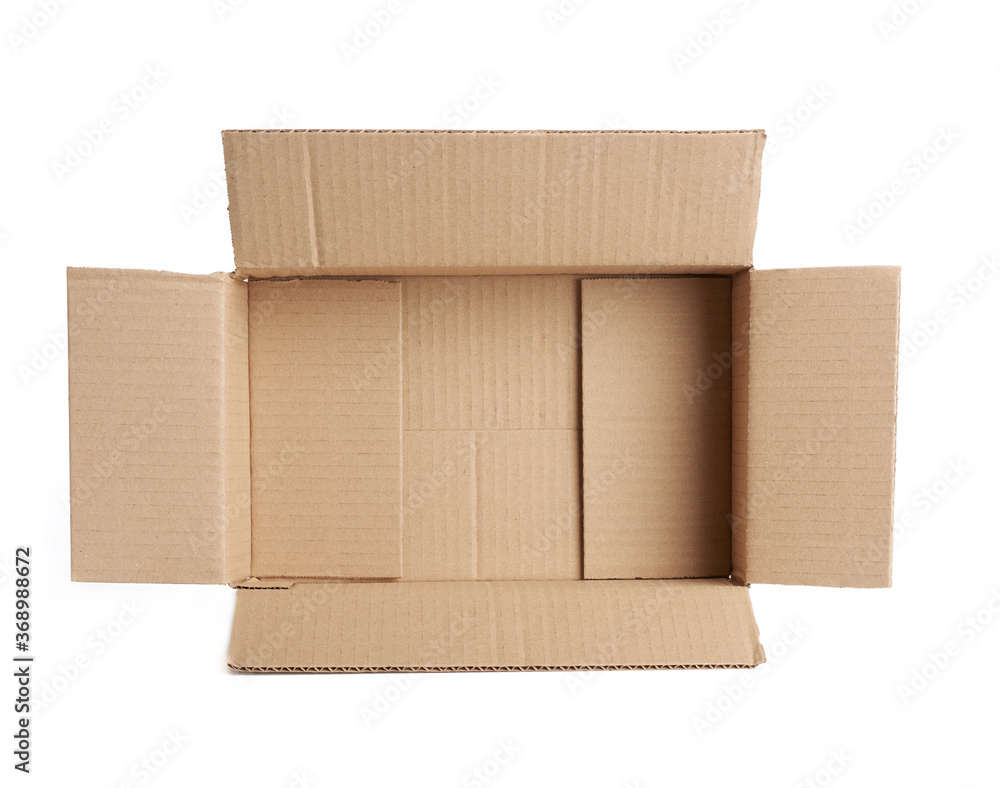 Poster open empty brown rectangular cardboard box for transporting goods