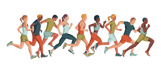 Marathon race group - flat modern vector concept. Running men and women vector illustration.  - 368988618