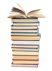 stack of various books, on top an open book, items are isolated on white background