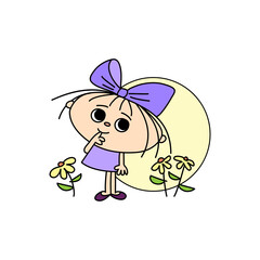 Cheerful girl with a bow and flowers hand-drawn cartoon