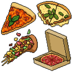 pixel art set isolated pizza meal