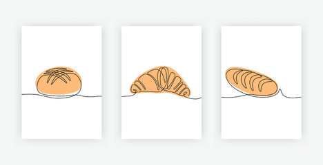 French baguette croissant and round loaf bread continuous line drawing. Hand drawn poster of bakery products isolated on white, bakery and cafe theme for logo. Vector illustration