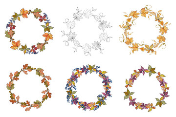 Set of frames from autumn leaves. Place for text. For the design of autumn sales, thanksgiving, greeting cards, invitations. Vector stock illustration.