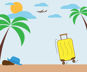 yellow suitcase on the background of a palm tree and a flying plane