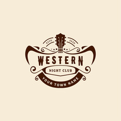 Guitar music vintage retro western night club bar with a cowboy logo design inspiration