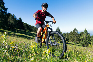 Naklejka premium man riding his mountain bike in a meadow