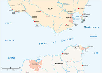 Strait of Gibraltar, waterway between Spain and Morocco vector map