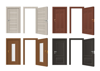 Set templates of doorway with door, 3d realistic vector illustration isolated.