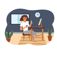 The girl work from home while coronavirus outbreak. Quarantine, freelance, lockdown, physical distancing, new normal. Vector illustration in flat cartoon design.