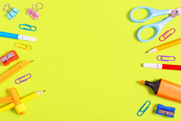 Different school supplies on an yellow background. Back to school concept. Concept for a store of goods for study and stationery. Copy space, flat lay, top view.