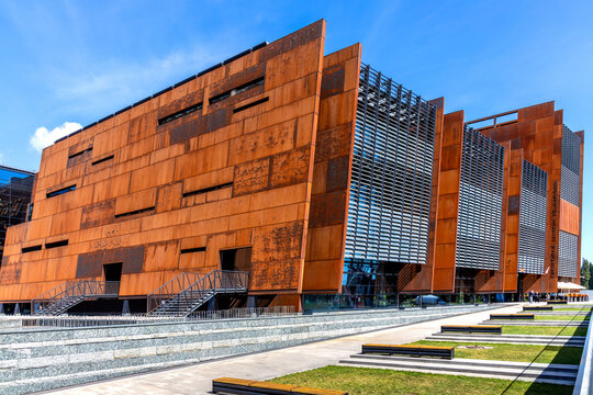 Facade of European Solidarity Centre building, Europejskie Centrum Solidarnosci, at 1 Solidarnosci square in old Gdansk Shipyard quarter in Gdansk, Poland