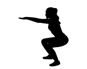 Fototapeta na wymiar Silhouette of a woman doing squats. Physical exercises. Squats. Fitness. Vector illustration of a woman doing sports isolated on a white background
