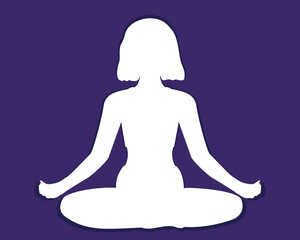Silhouette of woman sitting in lotus position isolated on purple background. Yoga. Paper cut effect. Woman doing yoga. Meditation. Vector illustration