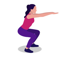 Woman doing squats. Physical exercises. Squats. Fitness. Vector illustration of a woman doing sports isolated on a white background