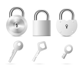 Steel door locks with keys templates, realistic vector illustration isolated.