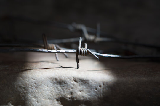 An ancient barbed wire as a symbol of imprisonment, imprisonment and repression. Horizontakl image.