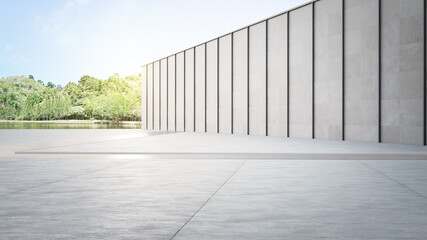Empty concrete floor and gray wall. 3d rendering of city park with clear sky background.