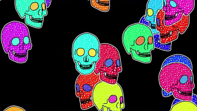 Skulls in comic style, fluorescent textures and patterns. Halloween 3D backdrop with a doodle cartoon illustration look in stop motion isolated with alpha channel.