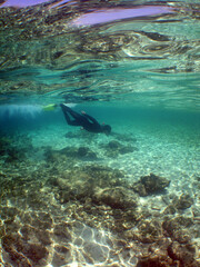 underwater scuba diver snorkel blue water  caribbean sea 