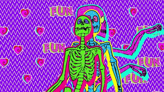 Thriller dancing skeletons in comic style, fluorescent textures and patterns. Halloween zine culture video loop with a doodle cartoon illustration look in stop motion 