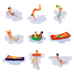 Swimming men cartoon characters set, flat vector illustration isolated on white.