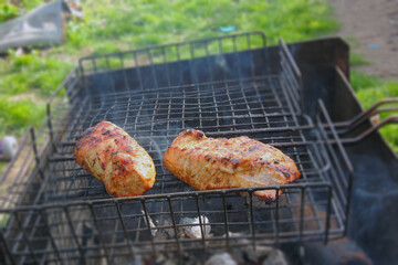 Grilled sausages at the stake