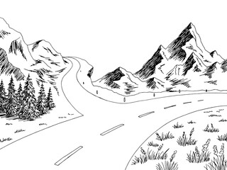 Mountain road graphic black white landscape sketch illustration vector