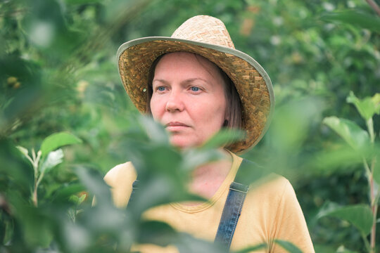 Portrait Of Female Farmer Posing In Apple Fruit Orchard