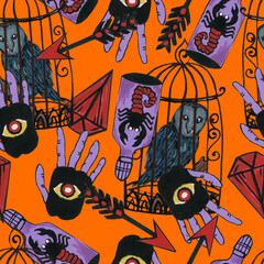 Halloween watercolor pattern with flower, poison, owl, ghosts, monster  and witchcraft backgroundFor wrapping paper, cards, posters, banners