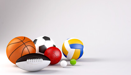 Balls sport collection set, High quality realistic basketball,football,soccer,futsall,valleyball,baseball, badminton,golf,tennis ball isolated on white background, 3D rendering