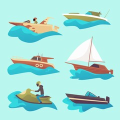 Set of motorized sea boats and fishing ships, flat vector illustration isolated.