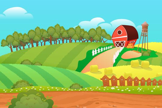 Cartoon farm panorama with fields and red farm