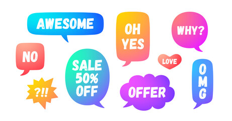 Speech bubble. Set of chat message, cloud talk, speech bubble. Color speech bubble, cloud talk isolated silhouette with text. Elements for chat message, social network, web. Vector Illustration
