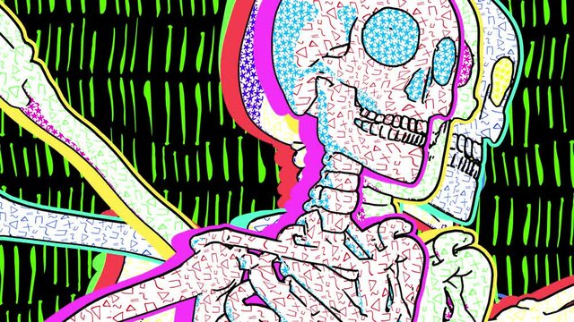 Thriller dancing skeletons in comic style, fluorescent textures and patterns. Halloween zine culture video loop with a doodle cartoon illustration look in stop motion 