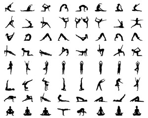 Black silhouettes of yoga and fitness on white background
