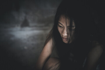 Women in depression sadness, Physically abused woman, The concept of sexual harassment against...