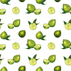 Lime fruit seamless watercolor pattern. Isolated slices and leaves isolated on white background. Hand drawn natural botanical design. Design with brushes and paints for fabric, paper, packaging.