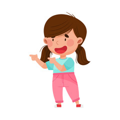 Smiling Girl Character with Dark Hair Pointing at Something with Her First Finger Vector Illustration