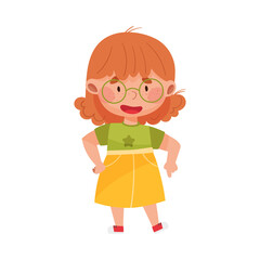 Smiling Girl Character with Red Hair Pointing at Something with Her First Finger Vector Illustration