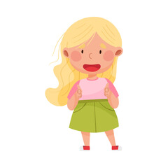 Smiling Girl Character with Blonde Hair Pointing at Something with Her First Finger Vector Illustration