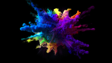Explosion of colorful multicolored smoke and powder in slow motion against black background 3d illustration