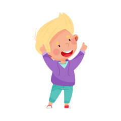 Boy Character with Blonde Hair Pointing at Something with His First Finger Vector Illustration