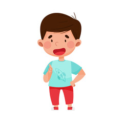 Dark Haired Boy Character Pointing at Something with His First Finger Vector Illustration