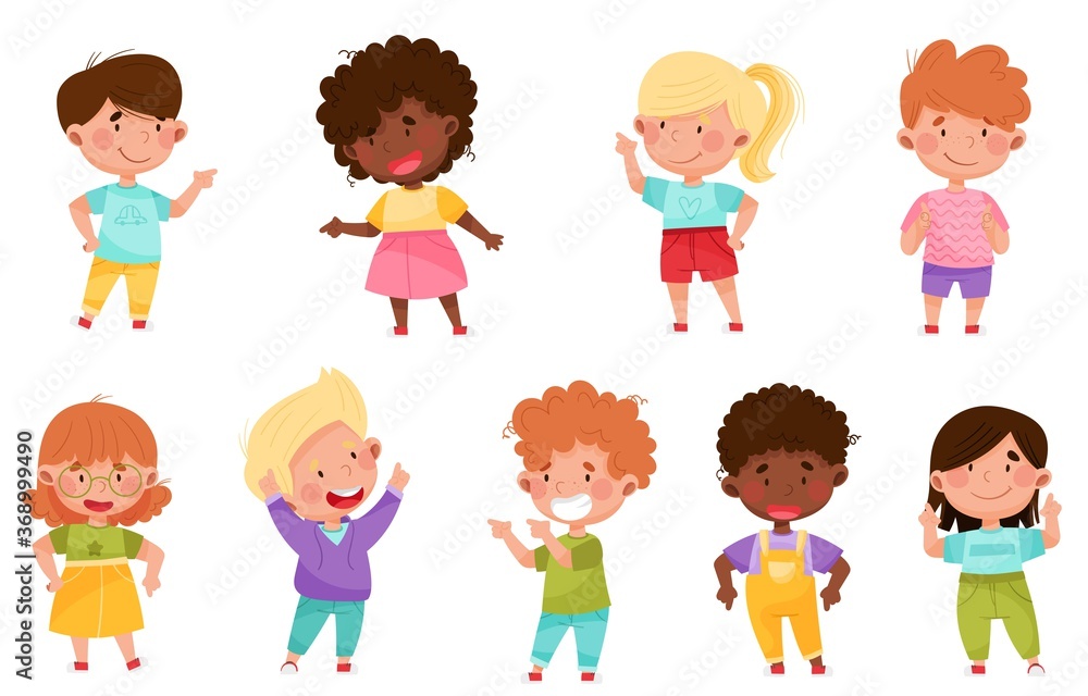 Poster kid characters pointing at something with their first finger vector illustration set
