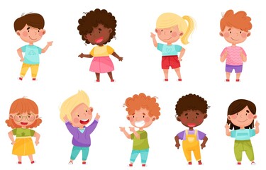Kid Characters Pointing at Something with Their First Finger Vector Illustration Set