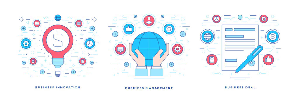 Vector illustrations of flat line banners with icons representing business innovation and management solutions