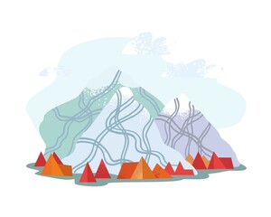 Color banner about tourism and hiking in the mountains drwan in a flat modern style. Mountains with ski tracks and red tents. The concept of extreme and life style and overtourism. Vector illustration