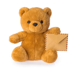 toy bear holding envelope mail concept isolated white background