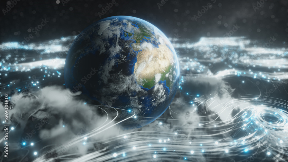 Poster a rotating globe in optical fiber clouds transmitting signals throughout the universe in space. the 