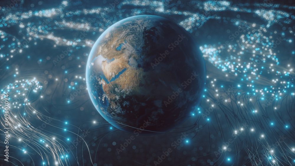Poster a rotating globe in optical fiber clouds transmitting signals throughout the universe in space. the 